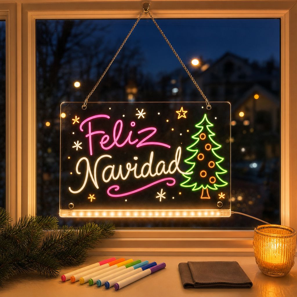 LUMA colgada en la ventana con Feliz Navidad