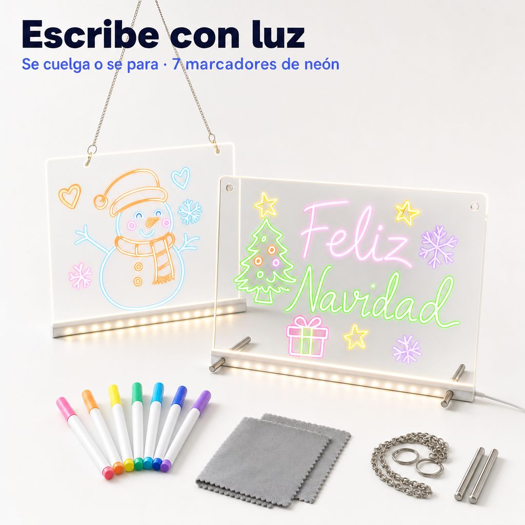 Pizarra luminosa LUMA de pie y colgada, con 7 marcadores de neón, 2 paños, cadenita y soportes