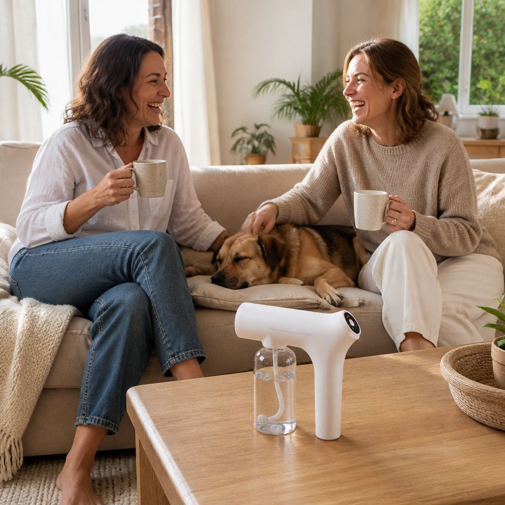 Dos amigas riendo en el sofá con el perro, la pistola NÉBULA en la mesa