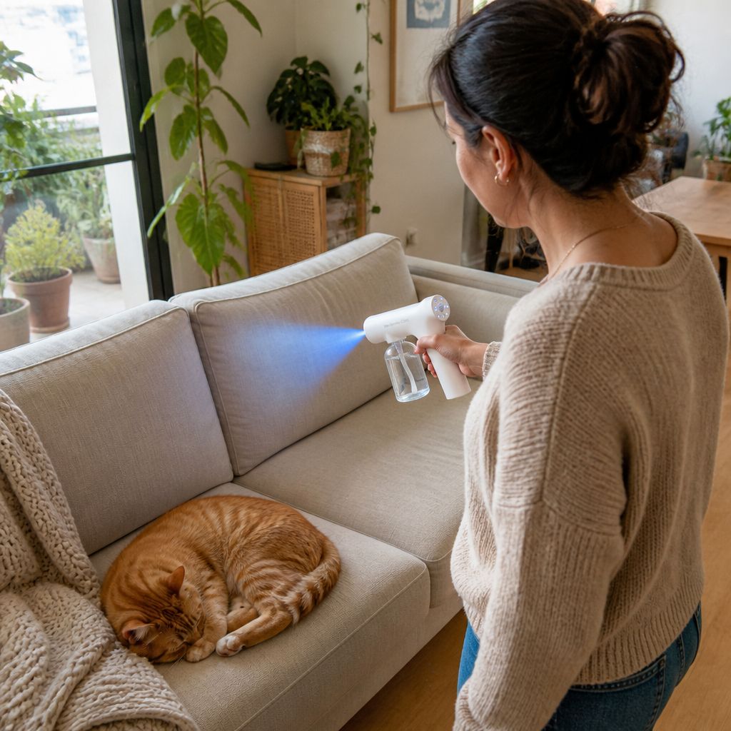 Mujer nebulizando el sofá con un gato dormido