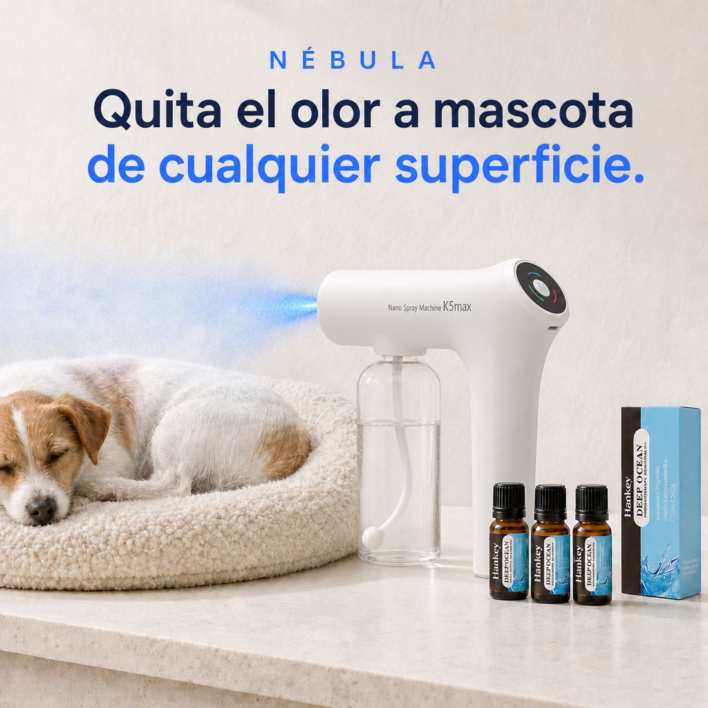 Pistola NÉBULA nebulizando una cama de perro, con tres esencias Océano Profundo