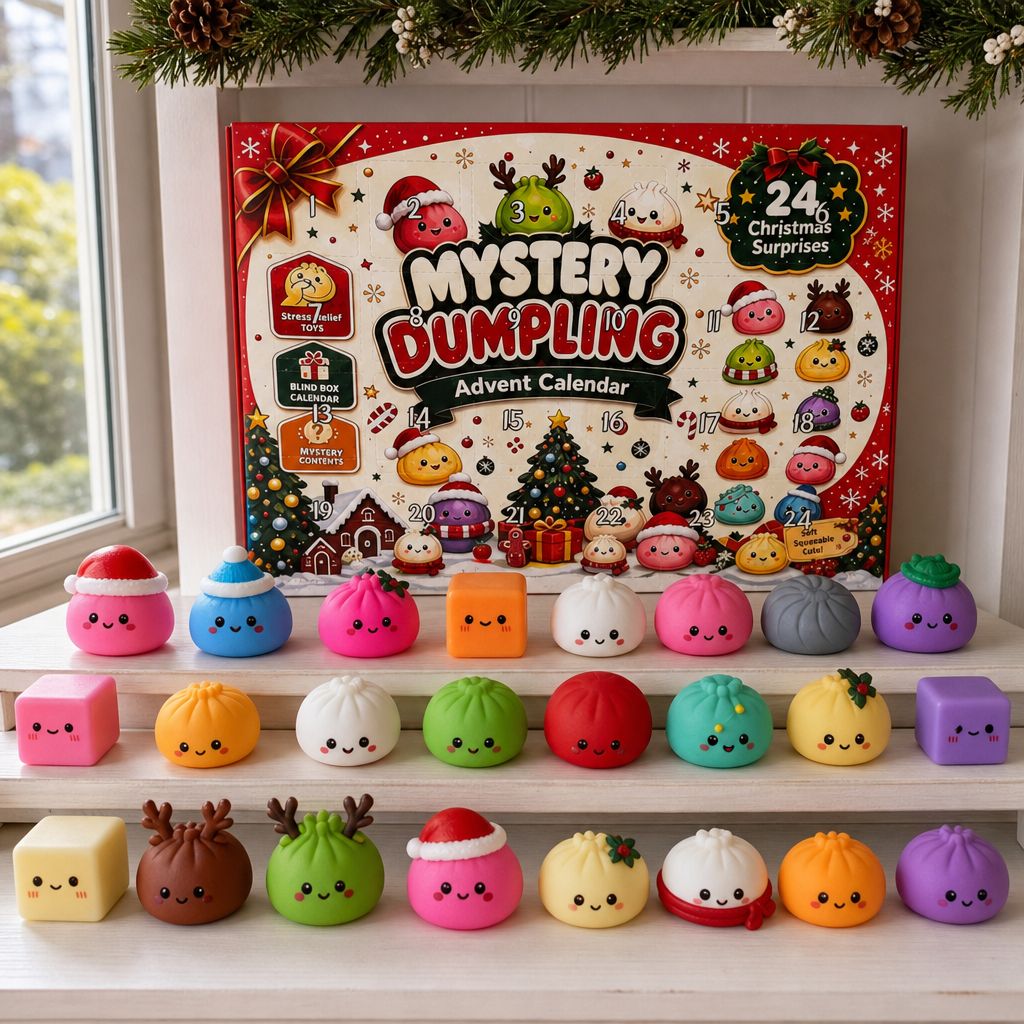 Los 24 squishies ordenados en una repisa
