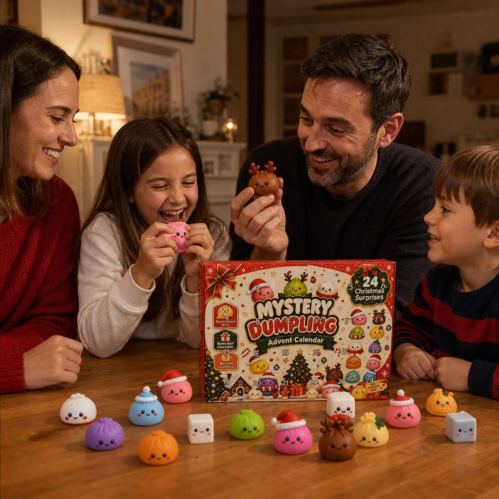 Familia jugando con los squishies alrededor del calendario