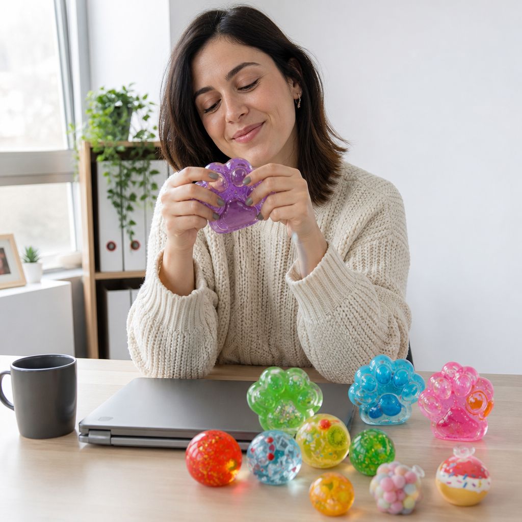 Mujer apretando un squishy en su escritorio