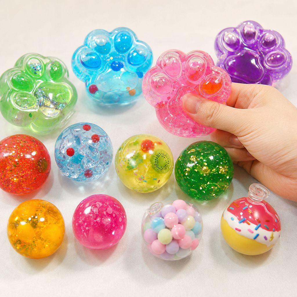 Dedo apretando un squishy de huellita rosa con glitter