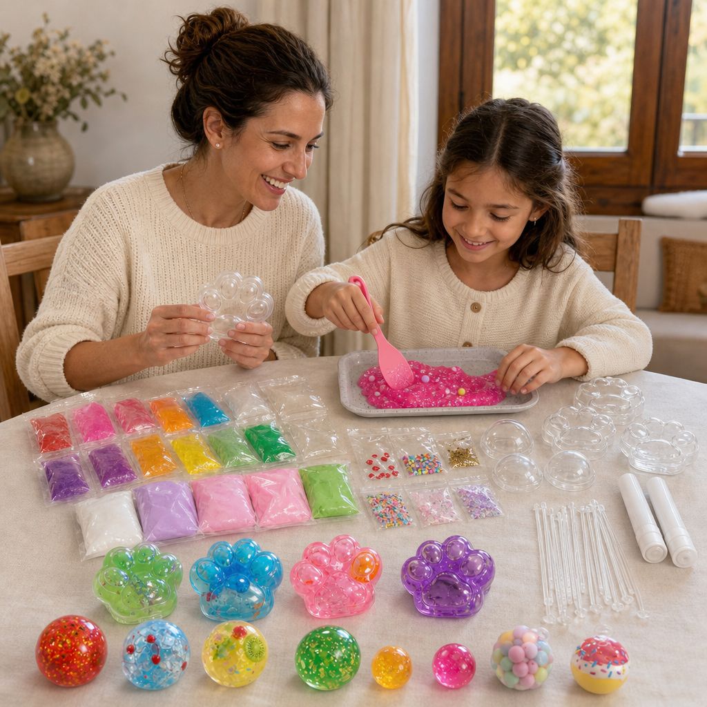 Mamá e hija creando squishies en la mesa