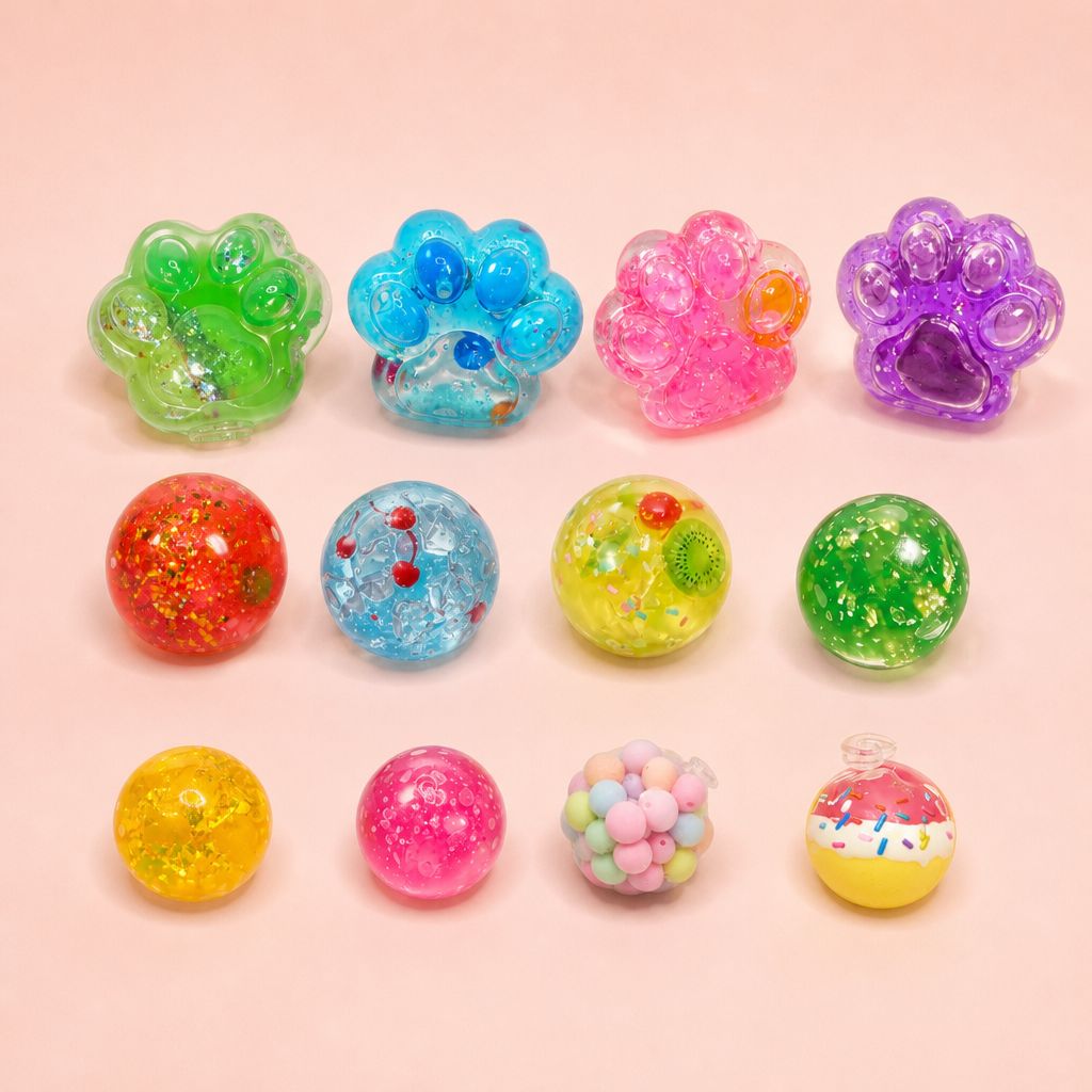 The 12 finished squishies: 4 cat paws and 8 balls