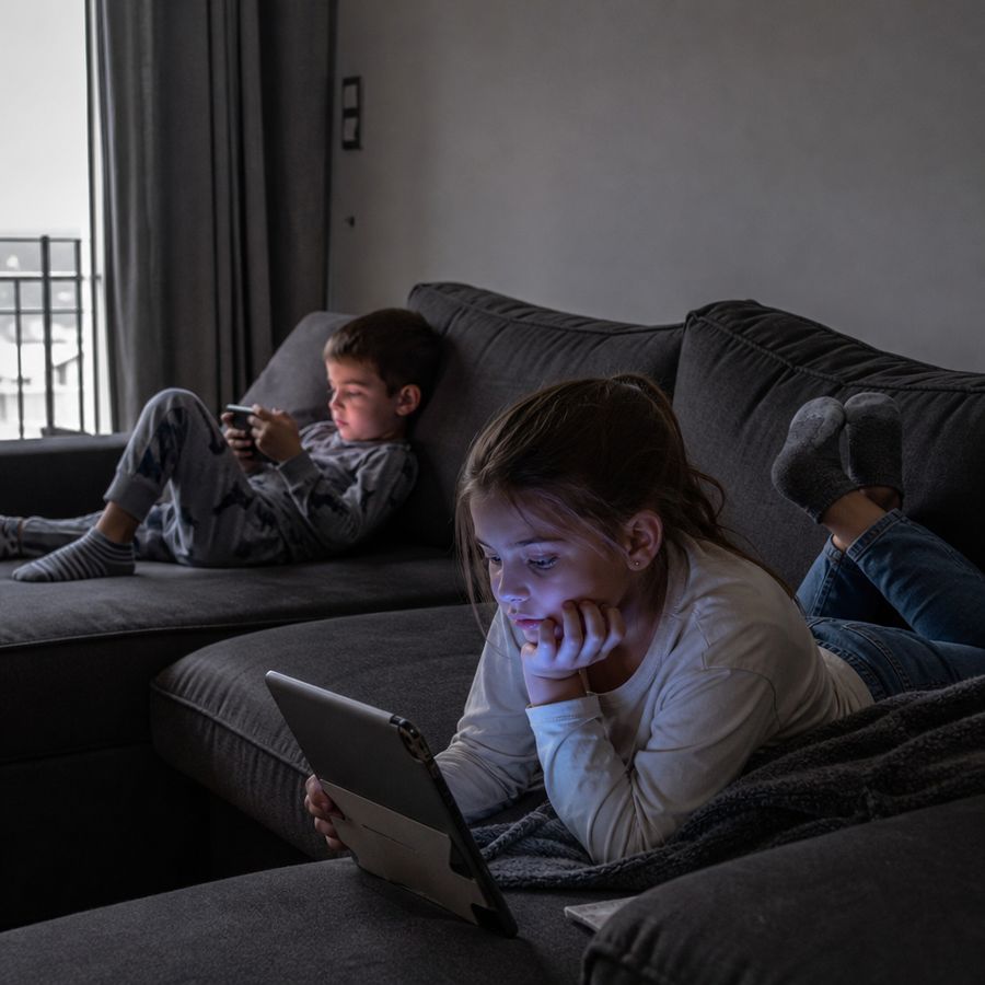 Kids looking at their tablets on the couch