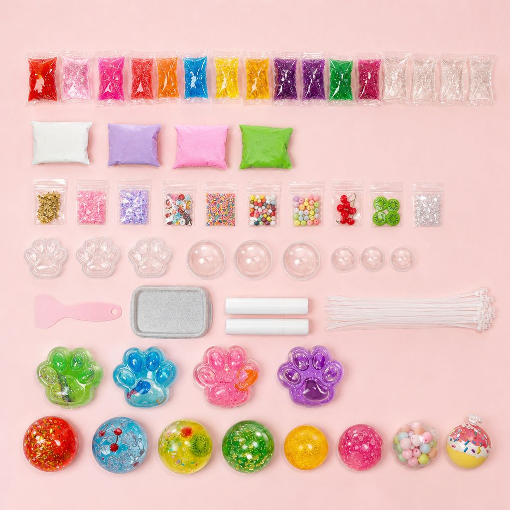 All 73 pieces of the kit laid out on a pink background