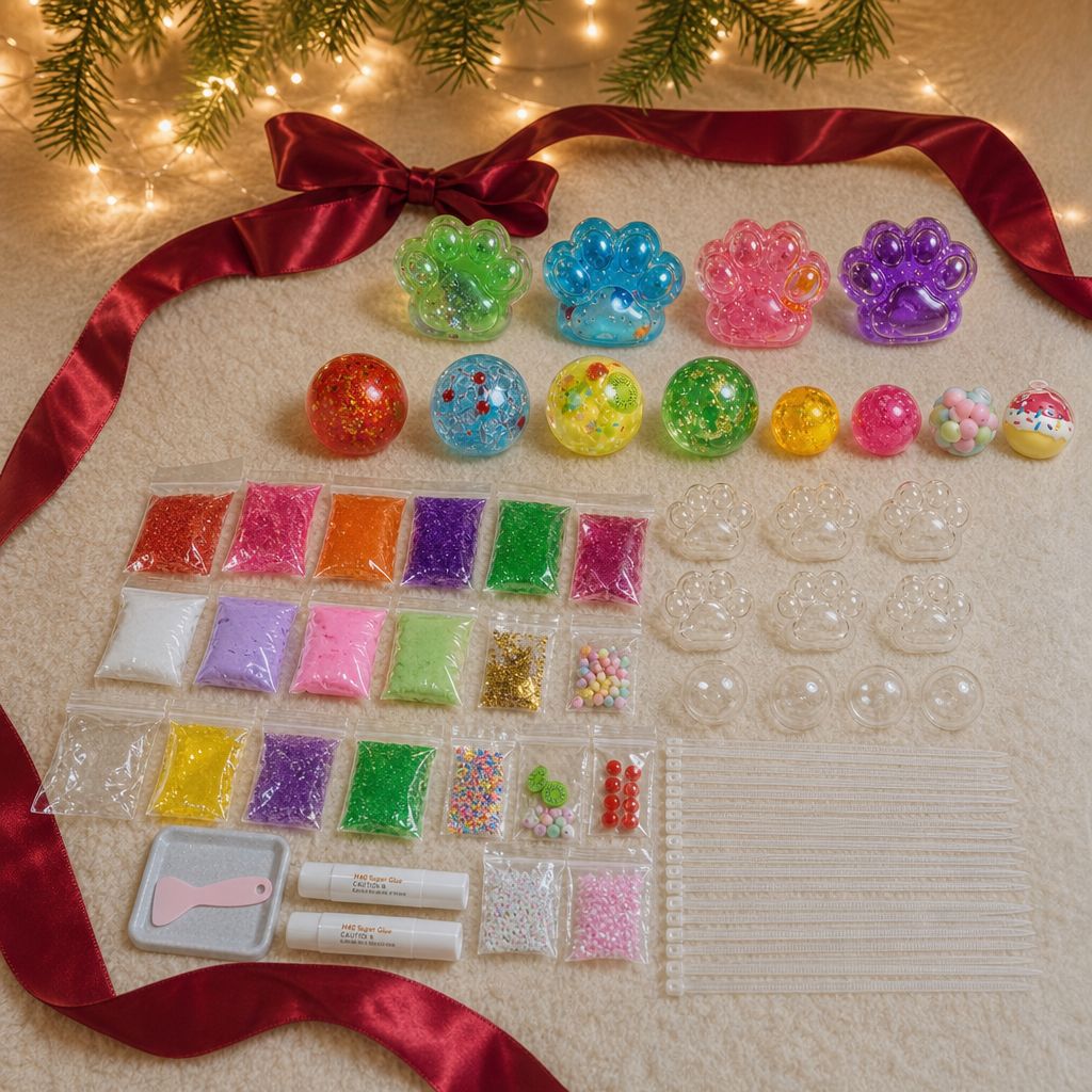 Squishies and kit pieces under the Christmas tree with a red ribbon